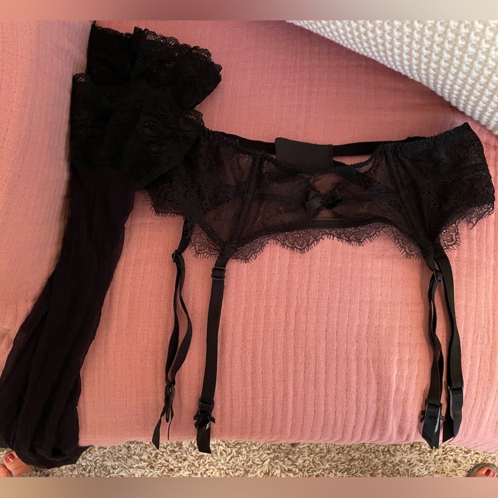 Lace top stockings and garter belt.